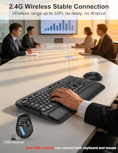 Wireless Keyboard and Mouse Combo, EDJO 2.4G Full-Sized Ergonomic Computer Keyboard with Wrist Rest and 3 Level DPI Adjustable Wireless Mouse for Windows, Mac OS Desktop/Laptop/PC, Carbon Black - color: Carbon Black