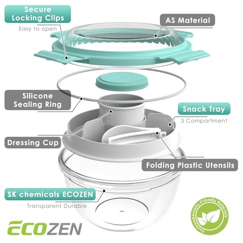 WHALEHOUSE 2-Pack 33 OZ Clear Eco-friendly SK chemicals ECOZEN Salad Container Sets, Portable Plastic Salad Bowls with Lid, Leak-Proof Dressing Container, Bento Lunch Box for Meal Prep & Food Storage - color: Green-2 Pack