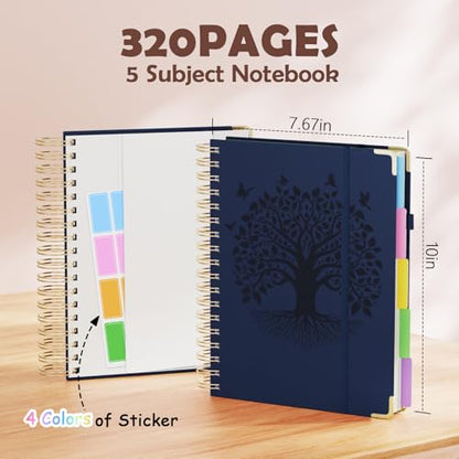 QIYVLOS Hardcover Spiral Notebook, B5 Journal with Removable Dividers Tabs, 5 Subject Notebook College Ruled, 320 Pages 8"x10" Leather Notebooks for Work School Study, Lined Journal for Women, Navy - color: B5/Navy