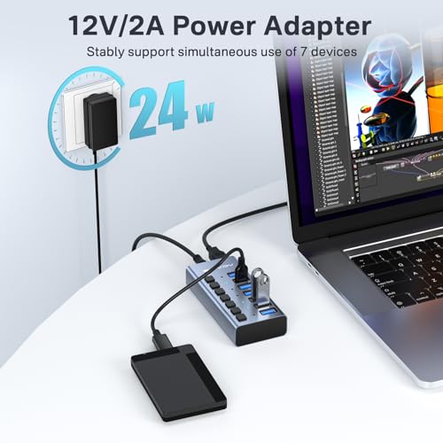 Powered USB 3.2 Hub, ACASIS 7 Ports USB 3.2 Hub with 10Gbps Data Speed, Aluminum Housing, USB Hub Powered with 24W Power Adapter, USB Hub for PC/Laptop, Computer, Flash Drive, Printer, Camera - size: 7 ports