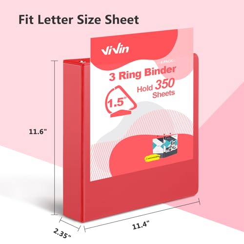 ViVin 튼튼한 3.8cm(1.5인치) 3링 바인더, 포켓 포함, 슬랜트 D 링, PVC 프리, 맞춤형 클리어 뷰 바인더, 21.6 x 27.9cm(8.5 x 11인치) 용지 350장 보관, 6팩 (레드) - color: 레드, size: 1.5인치