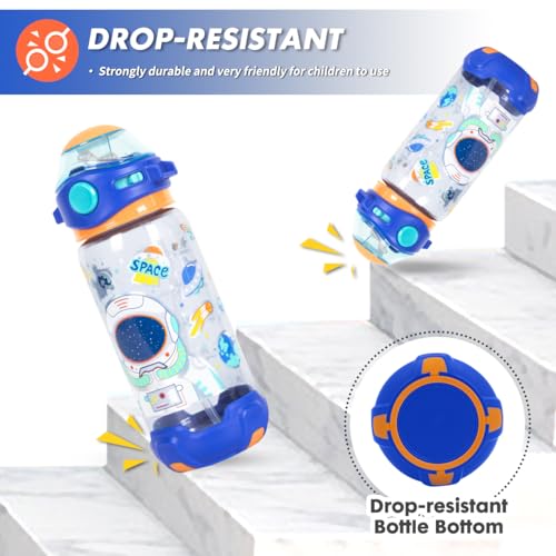 Kids Water Bottle with Straw/Lanyard for School Kids Girls Boys, 22oz BPA Free Child Drinking Water Bottle One-Click-Open Leak-Proof Locking Flip Lid for School Sport Travel - color: H05. Space