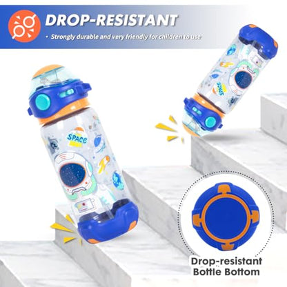 Kids Water Bottle with Straw/Lanyard for School Kids Girls Boys, 22oz BPA Free Child Drinking Water Bottle One-Click-Open Leak-Proof Locking Flip Lid for School Sport Travel - color: H05. Space