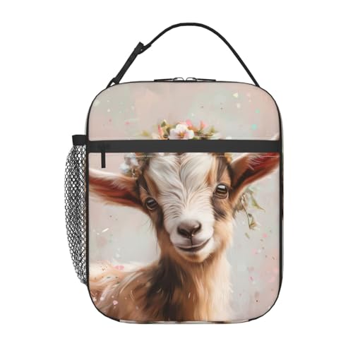 Charming Goat Lunch Box for Kids,Floral Crown Animal Insulated Bag for Student,Cute Thermal Insulation Cooler Tote Bags for School Work Picnic Camping Outdoor Gifts - color: Goat 02