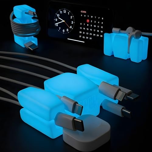 CordBrick 4PK Glowing Silicone + Steel Weighted Cable Holders for Nighstands, Cord Wraps for Travel, Unique iPhone Accessories. Small Graduation Gift for High Schoolers. Gadget for Teens. Blue Glow - color: (O) Blue Glow, size: 4 Pack