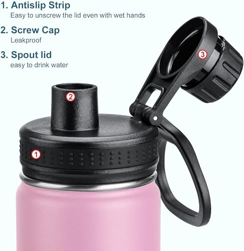 koodee 16 oz Water Bottle-Stainless Steel Double Wall Vacuum Insulated Wide Mouth Water Bottle with Leakproof Spout Lid (Pink) - color: Pink, size: 16 Ounces
