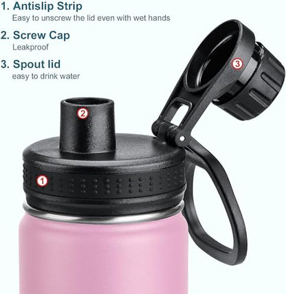 koodee 16 oz Water Bottle-Stainless Steel Double Wall Vacuum Insulated Wide Mouth Water Bottle with Leakproof Spout Lid (Pink) - color: Pink, size: 16 Ounces