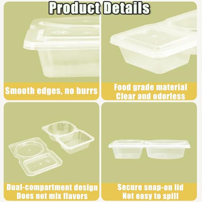 10 Pack Double Compartment Condiment Containers with Lids Reusable Leakproof Plastic Snack Containers for Sauce Dip Dressing Travel and Sampling Clear To-Go Dual Compartment Food Storage (Clear-10Pcs)