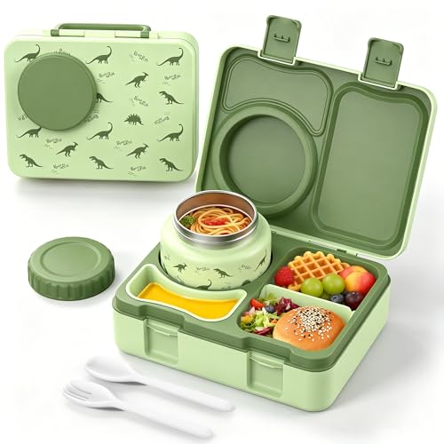 Kids Lunch Box with Thermo, Leakproof Bento Box for Kids with 8OZ Insulated Food Jar, Ice Pack, Sauce Cup, Utensils, Removable Tray & Dividers for School Daycare Travel (Dinosaurs) - color: Dinosaurs