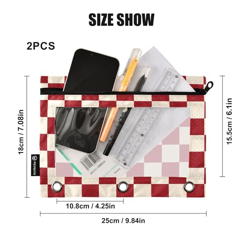 Crimson Buffalo Plaid Binder Pouches 3 Ring for Boys Girls School Office College Supplies White Chessboard Red Friebrick DarkRed Pencil Pouches Case Bag with Clear Window and Zipper 2 Pack - color: Red