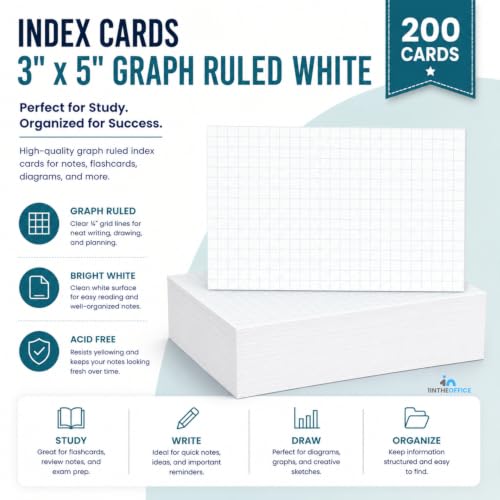1InTheOffice Index Cards 3x5 Graph Ruled White, Grid Index Cards 200/Pack