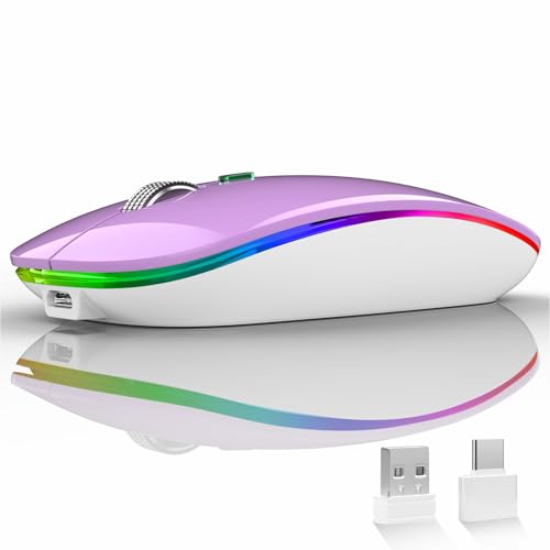 Uiosmuph LED Wireless Mouse, G12 Slim Rechargeable Silent Mouse, 2.4G Portable USB Optical Wireless Computer Mice with USB Receiver and Type C Adapter (Purple) - color: Purple