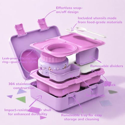 Kids Lunch Box with Thermo, Leakproof Bento Box for Kids with 8OZ Insulated Food Jar, Ice Pack, Sauce Cup, Utensils, Removable Tray & Dividers for School Daycare Travel (Butterflies) - color: Butterflies