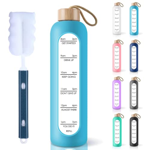 PROBTTL 32 Oz Borosilicate Glass Water Bottle with Time Marker Reminder Quotes, 1 Liter Leak Proof Reusable BPA Free Motivational Water Bottles with Silicone Sleeve and Bamboo Lid (Sky Blue) - color: Sky Blue, size: 32 Ounces