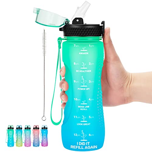 24 OZ Motivational Kids Water Bottle With Time Marker,Straw Lid,Leak Proof, Tritan BPA Free Sports Water Bottle Green-Blue(1 Lid) - color: Green Blue