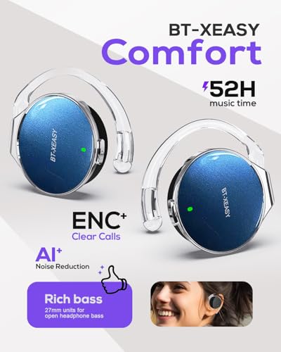 Open Ear Headphones V5.4, 52Hrs Playtime Wireless Headphones with Ear Hooks | Lightweight Headset, Clip-On Ear Design, Dual Device Pairing, for Workouts - color: Black Blue