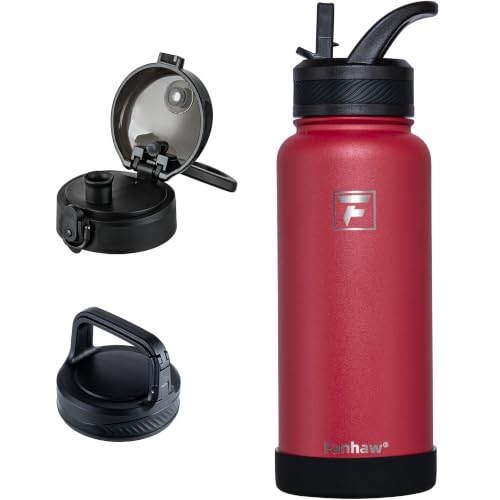 Fanhaw 32 oz Insulated Water Bottle – Portable Stainless Steel Flask with 3 Lids (Straw, Chug, Carabiner) | Leakproof, for Gym, Hiking, Work, Travel & Everyday Use (Red) - color: Red, size: 32 Ounces