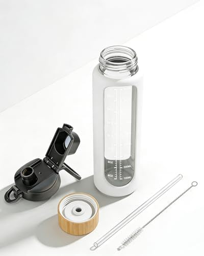 Nefeeko 32 oz Glass Water Bottles with Straw, Motivational Glass Water Bottle with Time Marker, 1 Liter BPA FREE Leakproof Reusable Glass Water Bottle with Silicone Sleeve, Bamboo Lid, Spout Lid - color: White