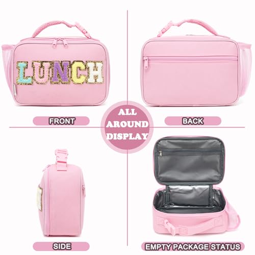 FlowFly Kids Lunch Bag, Durable Insulated School Lunch Box with Bottle Holder, Water-resistant Thermal Small Lunch Cooler Tote for Teen Boys & Girls,PinkWithLetter - color: PinkWithLetter