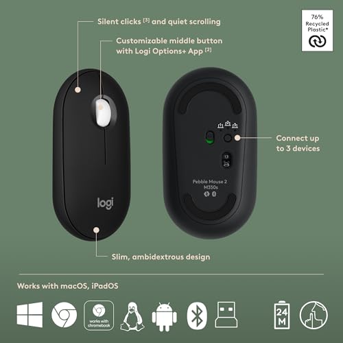 Logitech Pebble 2 Combo Wireless Keyboard and Mouse, Portable - Black | Quiet, portable, customizable, Logi Bolt, Easy-Switch, compatible with macOS, iPadOS, and Chrome - color: Black