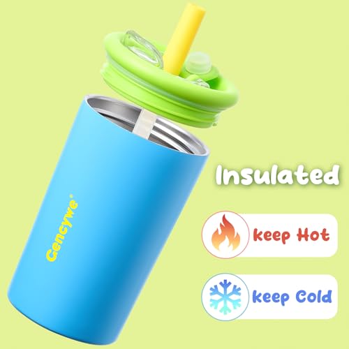 Gencywe® 2 PACK Kids Double Walled Stainless Steel Cups with Straws and lids | 12 oz Spill-Proof Sippy Smoothie Tumbler Set, Small Kids Snack & Drink Water Cups, BPA-Free (Age: 3+ years old & up) - color: Blue