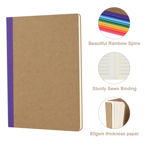 ZCZN Composition Notebooks Bulk, A5 Kraft Cover Lined Journals with Rainbow Spines for School, Business, Work and Daliy Use (24, 8 colors)