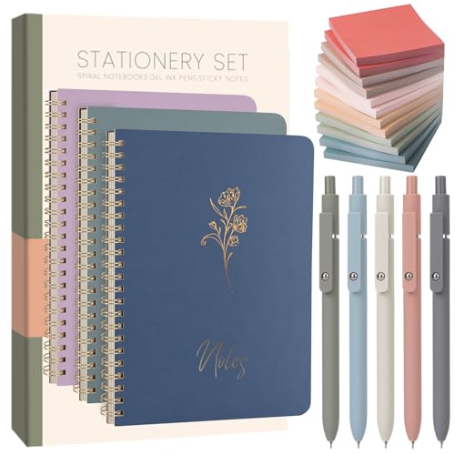 Cute Spiral Notebook Set For Women, Bible Journal Set, 3 Pack A5 Spiral Notebook + 5 PCS Gel Pens + 600 Sticky Notes + Gift Box, Aesthetic Gift Set for Work Students School Office Supplies - color: Aesthetic Set-Vintage Blue