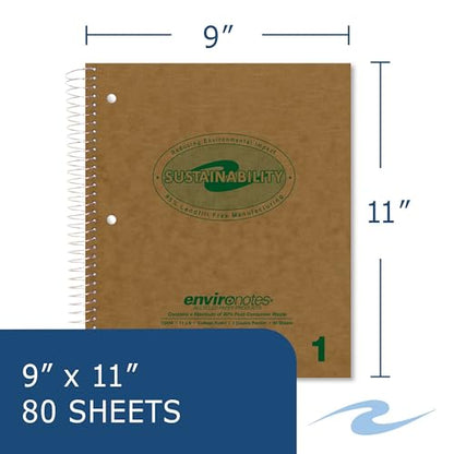 ROARING SPRING Environotes Recycled Spiral Notebook, College Ruled 1 Subject Notebook, 11" x 9", 80 Perforated Sheets, 20 lb Recycled Paper, Double Pocket, 3 Hole Punched, Made in USA - size: 1 Subject