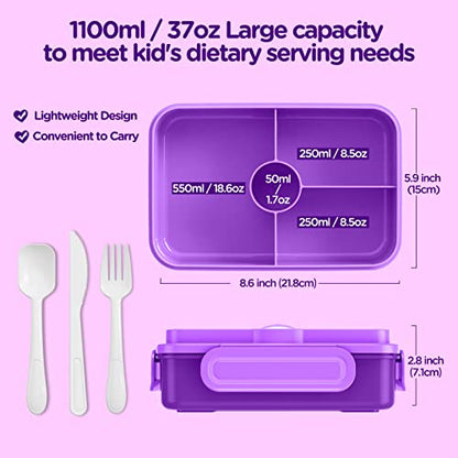 Jelife Lunch Box Kids Bento Box - Large Bento-Style Leakproof 4 Compartments Kids Lunchbox Food Containers with Utensils for Back to School, Reusable On-the-Go Meal and Snack Packing, Purple - color: 1100ml-Purple