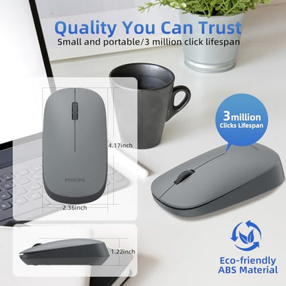 Philips Wireless Bluetooth Mouse for Laptop, Bluetooth Mouse for MacBook Pro/Air and iPad, Travel Silent USB Wireless Mice, BT 3.0/5.0 and 2.4GHz USB Dongle, 1600 DPI, 12-Month Battery Life