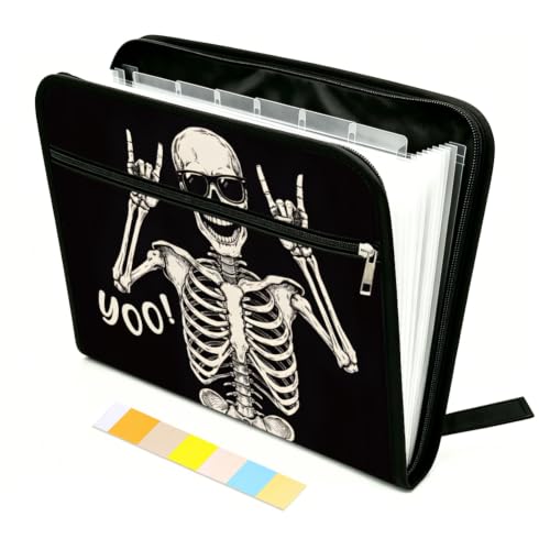 WEBEEDY Expanding File Folder with 13 Pockets, Labels and Zipper, Portable Accordion File Organizer Paperwork Folder for Documents A4 Paper Receipt Travel Office, Back to School Halloween(Skeleton)