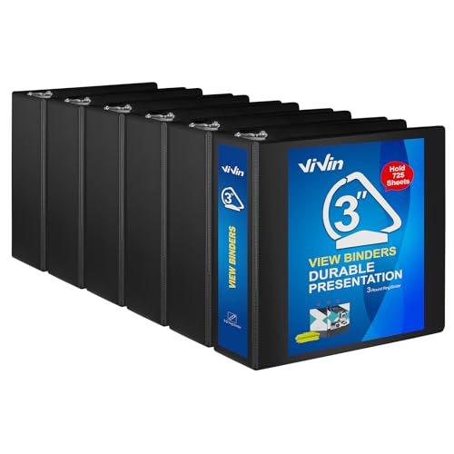 ViVin Durable 3 inch D Ring View Binder, Large 3" Slant-D Ring with 725-Sheet Capacity, Fit 8.5" x 11" Paper, 6 Pack(Black) - color: Black, size: 3 Inch, style: 6 Pack