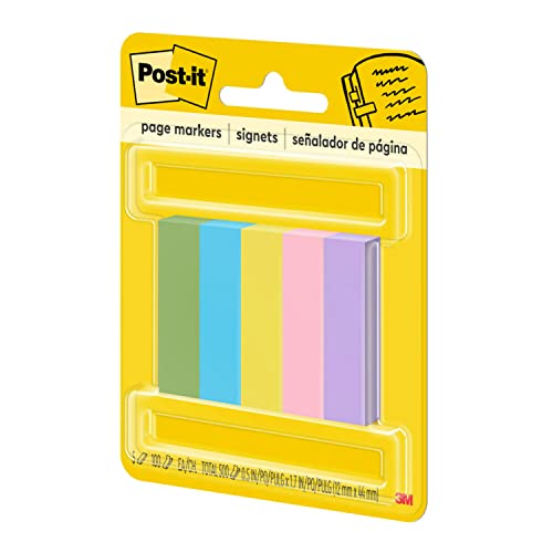 Post-it® 페이지 마커, 1.3cm x 4.4cm(1/2인치 x 1-3/4인치), 책에 임시 마킹 및 메모에 이상적, 다양한 울트라 컬러, 팩당 500개