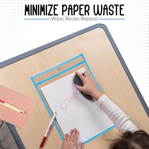 Essex Wares - 6 Pack, Light Blue, Water-Resistant Dry Erase Pocket Document Protectors, 10" Wide x 13.5" Tall - Dry Erase Clear Plastic Sleeves - Reusable & Easy Erase Plastic Invoice Holders - color: Light Blue