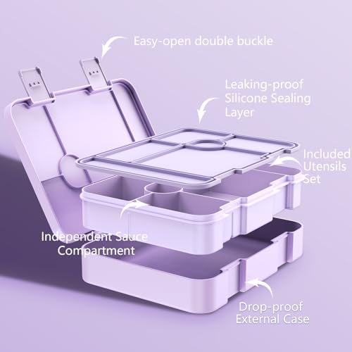 ACESAK Girls Backpack - Bento Box with Insulated Lunch Bag Pencil Case & Utensils Set for Kids, 6 Leakproof Compartments Removable Tray Lunches or Snack Container for School (Purple) - color: Purple