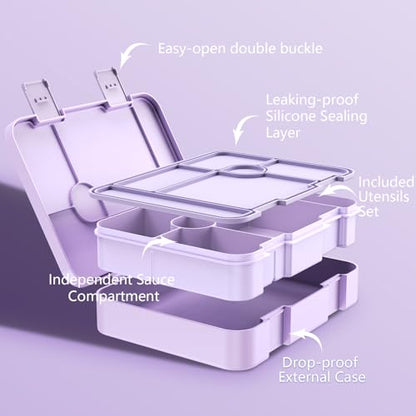 ACESAK Girls Backpack - Bento Box with Insulated Lunch Bag Pencil Case & Utensils Set for Kids, 6 Leakproof Compartments Removable Tray Lunches or Snack Container for School (Purple) - color: Purple