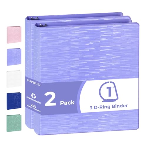 POPRUN 3 Ring Binder 1 Inch, D Ring PVC-Free (Fit 225 Sheets 8.5"x11" Paper), 2 Pack Heavy-Duty with 2 Pockets for Study Work Partner Supplies, Cornflower Purple - color: Cornflower Purple, size: 1 inch