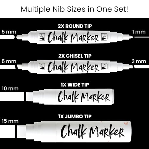 Chalkola 6 White Chalk Markers - Bullet & Chisel Dual Tip (1mm, 3mm, 5mm, 10mm, 15mm) | Erasable Liquid Chalk Pens for Blackboard, Car Window, Bistro, Glass | Washable Chalkboard Markers - style: 6 White - Dual + 10/15mm