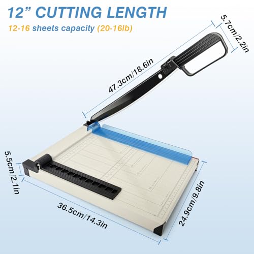 Paper Cutter, 12" Cut Length Guillotine Trimmer, Paper Cutting Board with 10 Sheet Capacity Papers, Metal Base Papers Slicer with Safety Guard for Classroom Office Home Cardstock Crafts & Photo