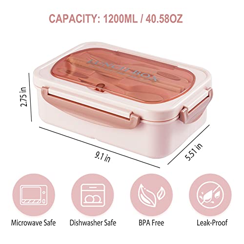 Bento Box for Adult, 1200 ML Lunch Containers for Adults, LeakProof Lunch Box with Utensils, BPA Free, 3 Compartment Bento Box Microwave Safe, Pink - color: Pink