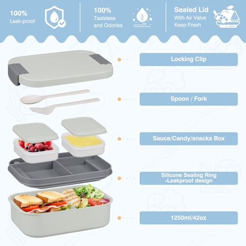 Bento Lunch Box Set with 10.5oz Soup Thermo Food Jar for Adults Kids, Stainless Steel Leak-proof Lunch Container with 4 Compartment, Coffee Tumbler with Lunch Bag for School Travel Office-Grey - color: Gray