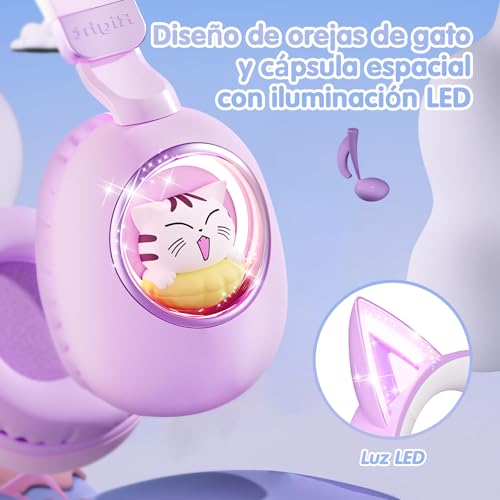 Kids Headphones Bluetooth 5.4 - Cat Ear LED Light Up Noise Cancelling Wireless Headphones with Mic, 85dB Volume Limited, Wired & Wireless Mode for Travel/School/iPad - color: Purple