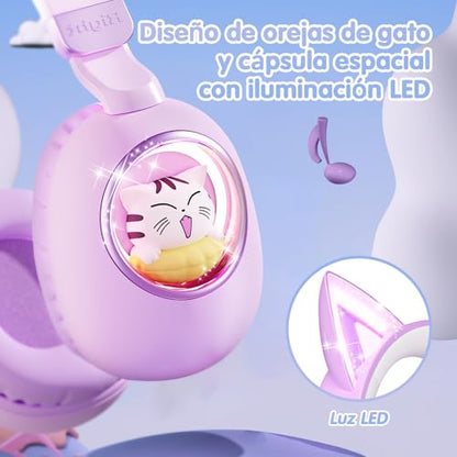 Kids Headphones Bluetooth 5.4 - Cat Ear LED Light Up Noise Cancelling Wireless Headphones with Mic, 85dB Volume Limited, Wired & Wireless Mode for Travel/School/iPad - color: Purple