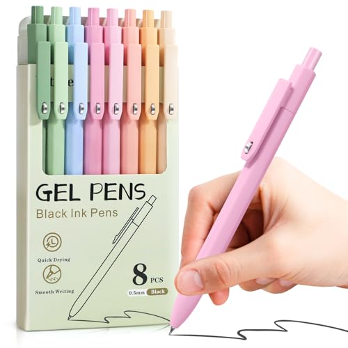 Piochoo Aesthetic Pens, 8 Pcs 0.5mm Gel Pens, No Smudge Quick Dry Smooth Writing Pens, Cute Black Ink Journaling Pens for Women Nurse School Office Desk Accessories - color: Pastel Color