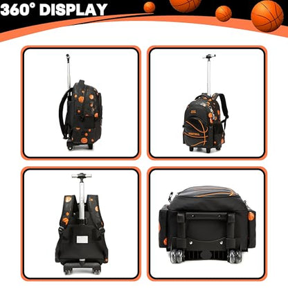 Kids Rolling Backpack Roller Backpack with Wheels Elementary Kindergarten Students Basketball Trolley School Bag for School Boys - color: Black