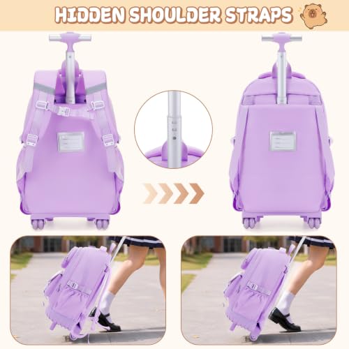 Capybara Rolling Backpack for Girls - 3PCS Girls Backpack Kids Suitcase with Lunch Box & Pencil Case Travel - Capybara Backpack with Wheels for Kindergarten Preschool Elementary (Purple) - color: Purple