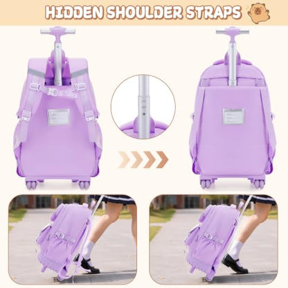 Capybara Rolling Backpack for Girls - 3PCS Girls Backpack Kids Suitcase with Lunch Box & Pencil Case Travel - Capybara Backpack with Wheels for Kindergarten Preschool Elementary (Purple) - color: Purple