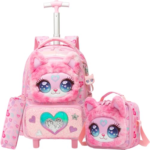 Girls Rolling Backpack for Kids with Wheels,Cute 3D Kids Rolling Backpack for School,Lightweight Kids Luggage for 6-8,Large Capacity BookBag with Wheels & Telescopic Handle - color: 3d Plush Cute Pink