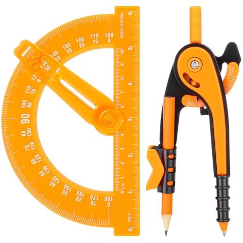 Zonon 2 Pcs Student Protractor and Compass, Student Geometry Math Set Drawing Compass and 180 Degree 6 Inch Protractor with Swing Arm for Drawing Measuring School Office (Orange) - color: Orange