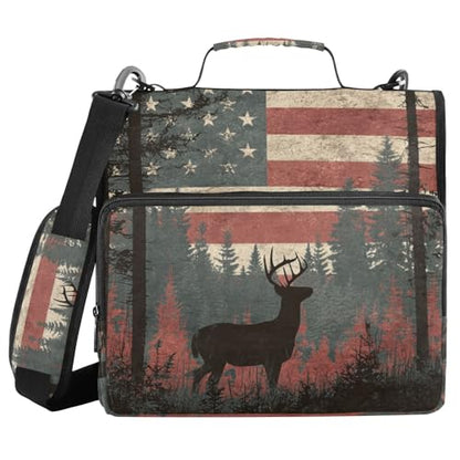 Cute Deer American Flag Zipper Binder Bag 3 Ring with Handle Shoulder Strap, Binder File Organizer Bag Storage Case for Work Office School